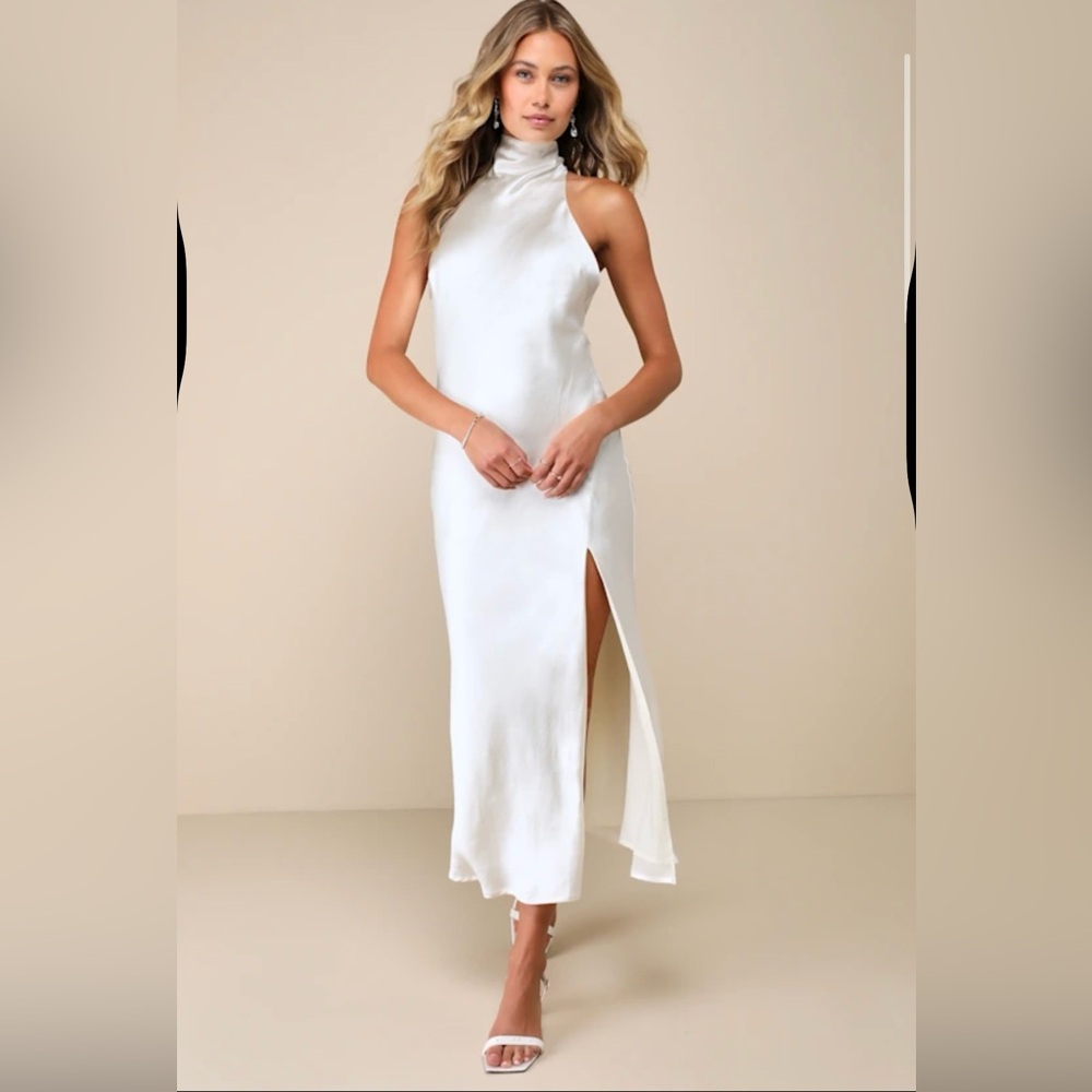 Lulus Exceptional Status Ivory Halter Backless Slip Midi Dress